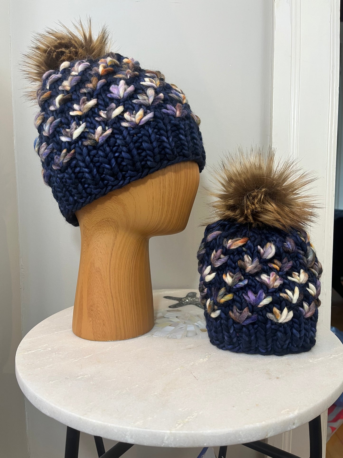 Lotus Beanie matching set Adult & 6mo - Navy & Trompo