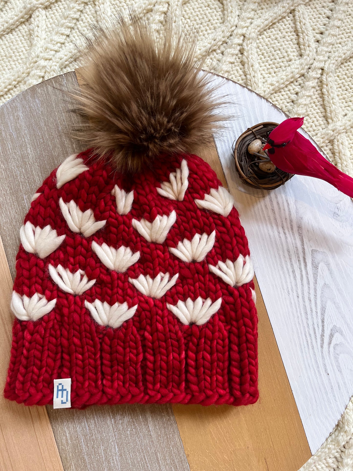 Adult Flower Beanie - Ravelry Red & Natural