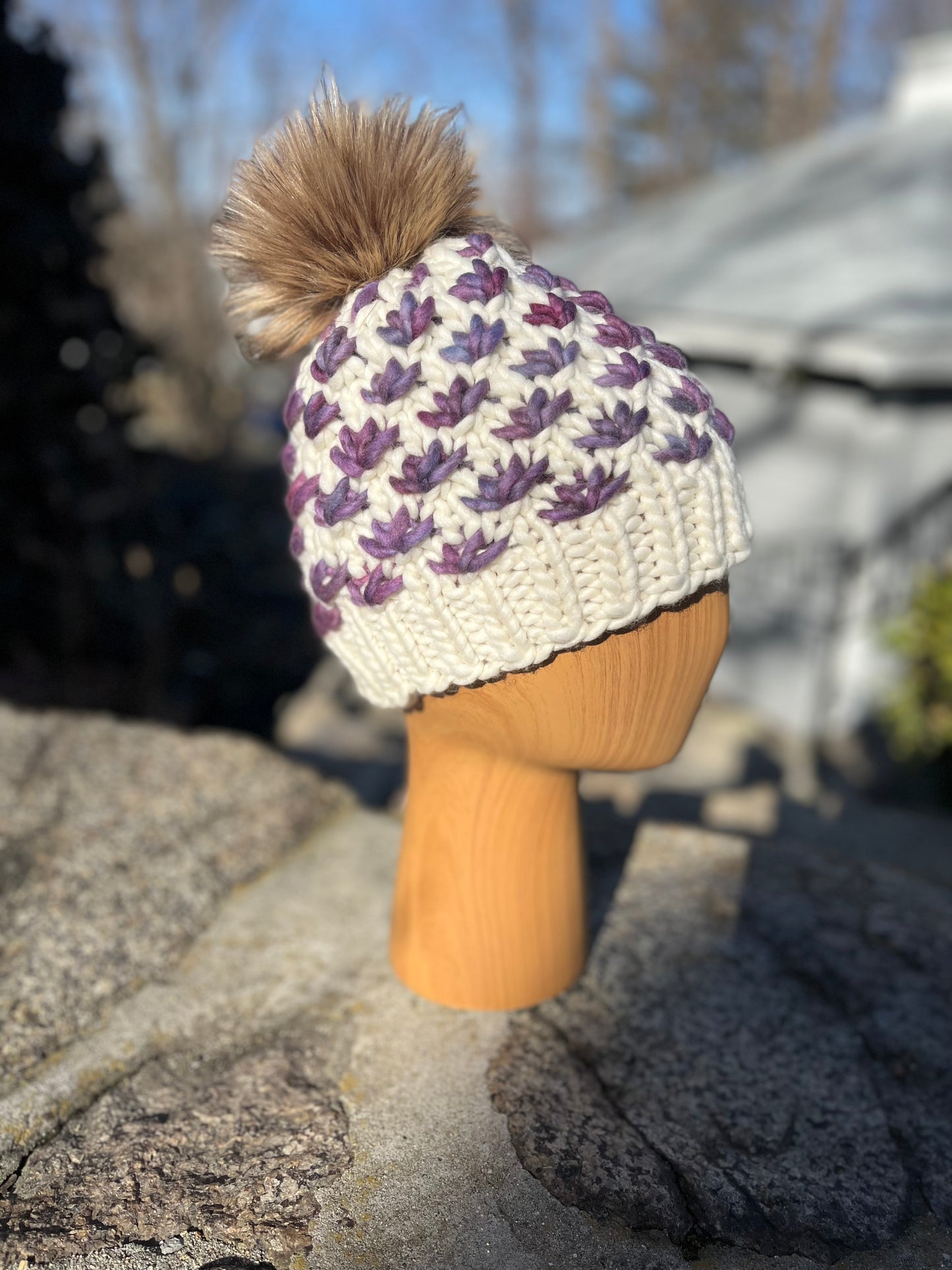 Adult Lotus Beanie - Natural and Purple