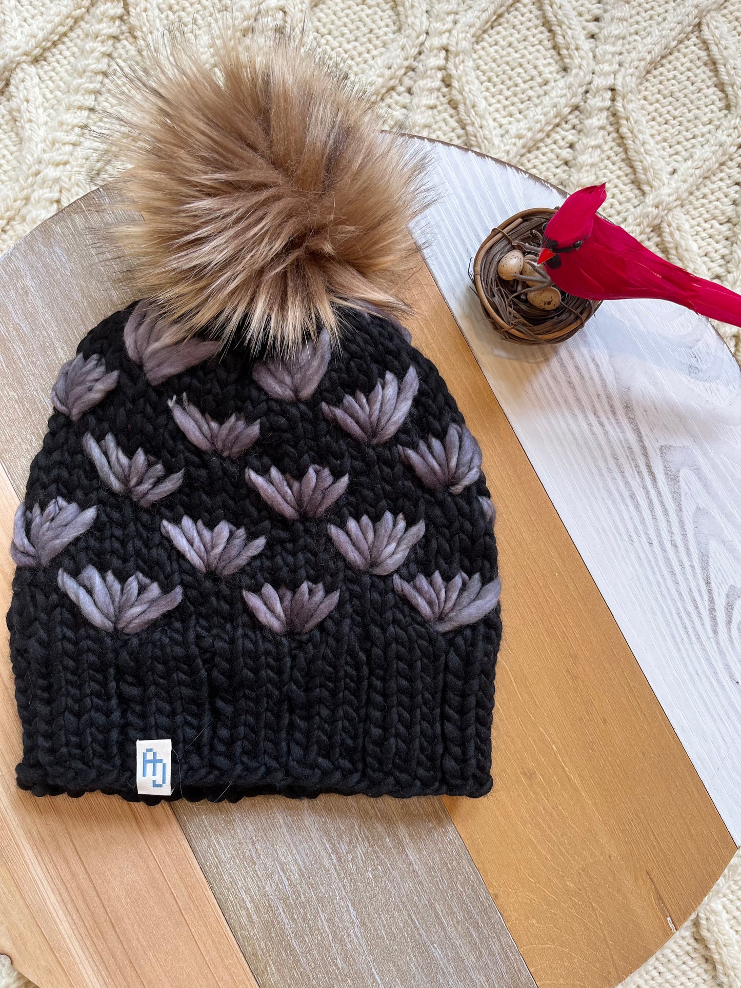 Adult Flower Beanie - Black & Plomo