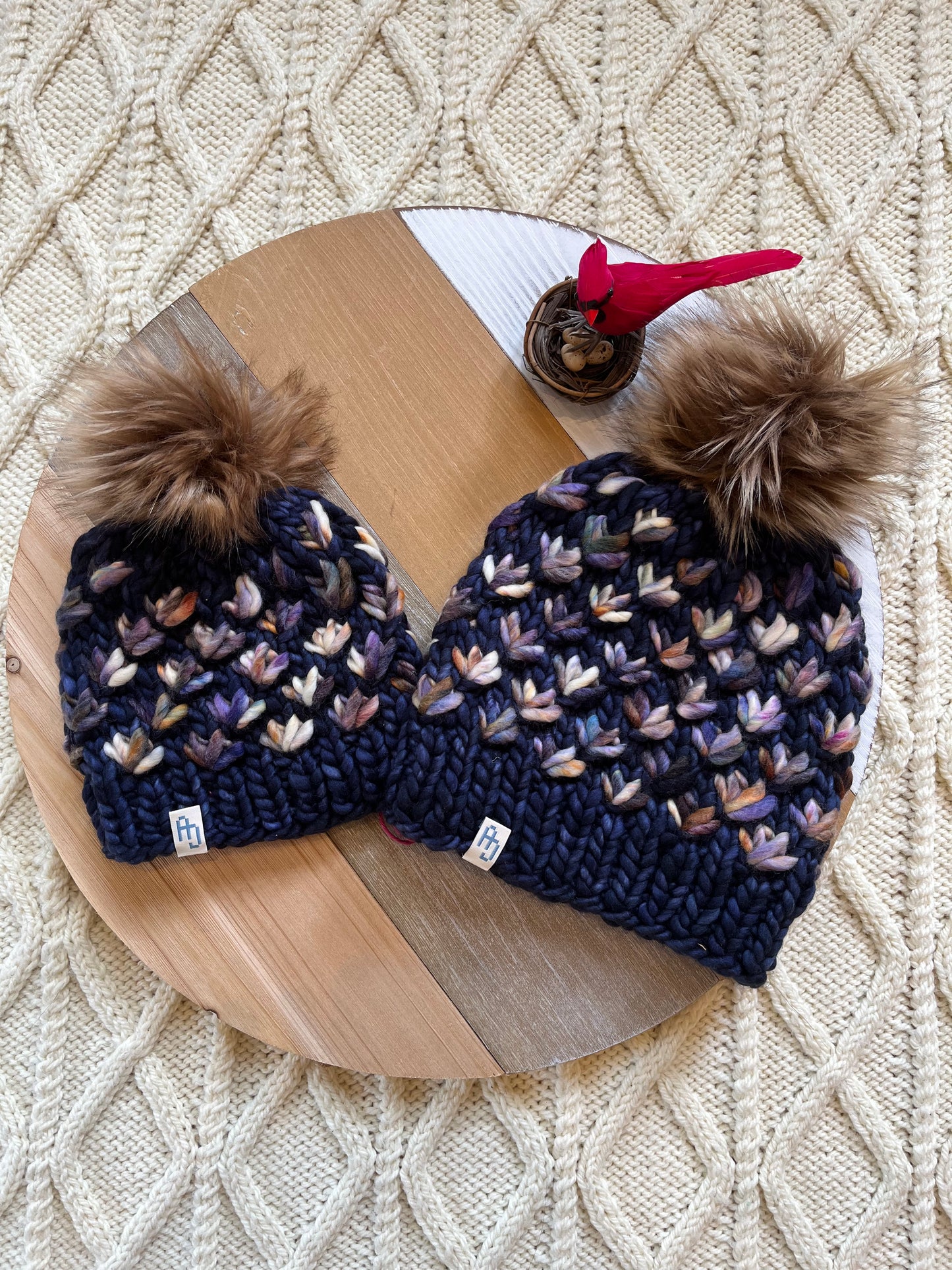 Lotus Beanie Matching Set - Adult & 6-12 months in Paris Night & Trompo